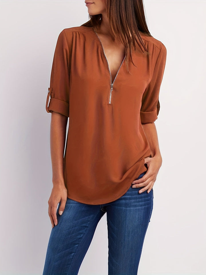 Ariana | Sleek Zip-Front V-Neck Blouse