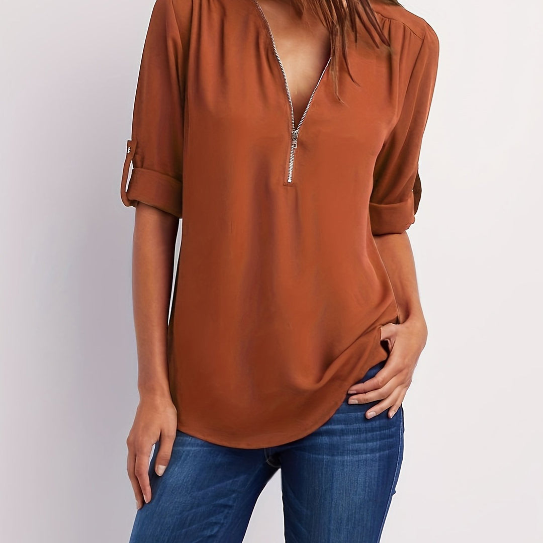 Ariana | Sleek Zip-Front V-Neck Blouse