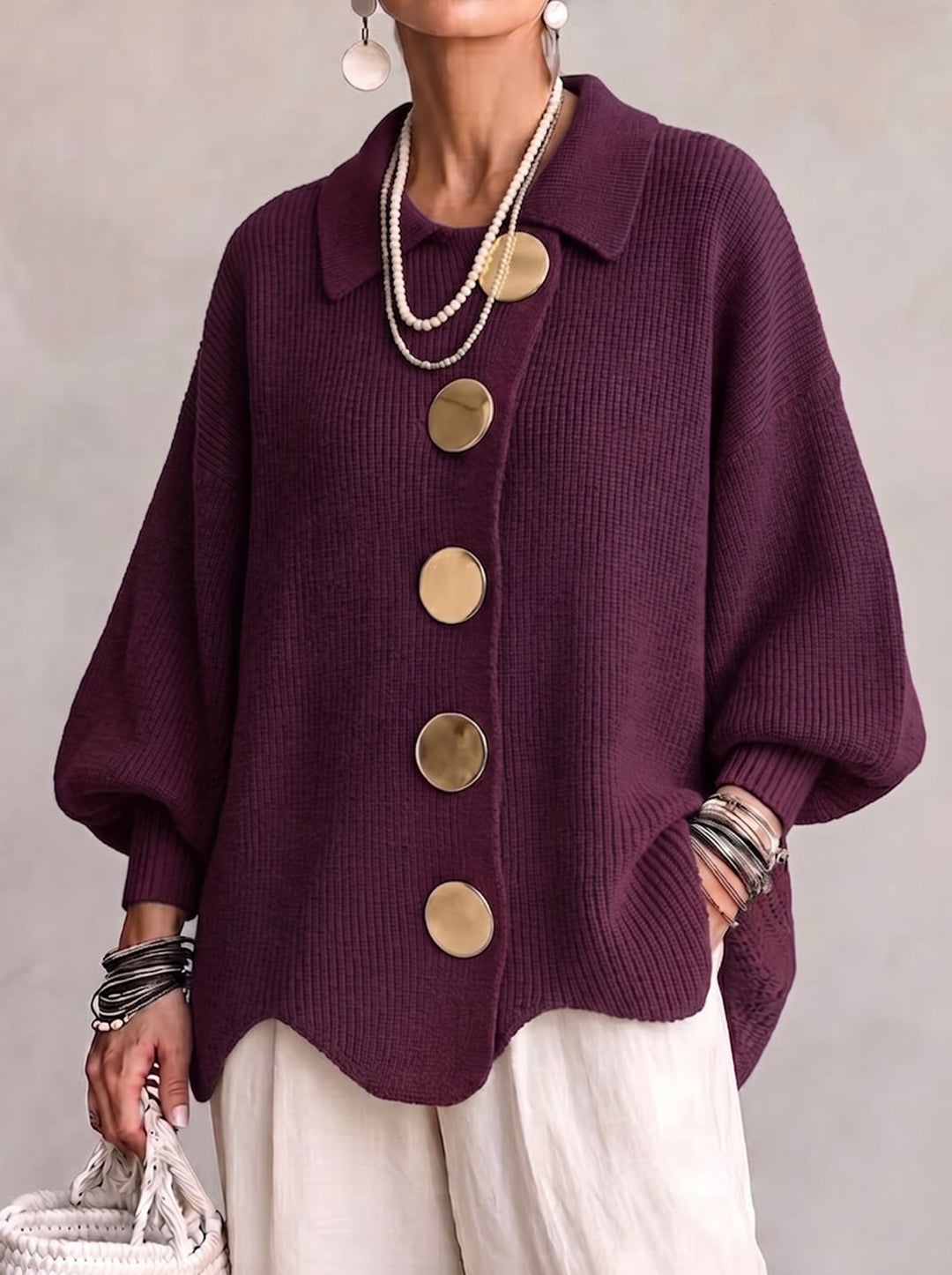 Elvinia™ | Oversized Collared Cardigan With Large Metal Buttons