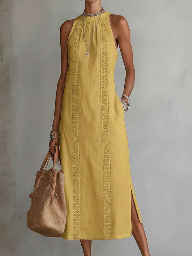 Jimena | Relaxed Embroidered Mandarin Collar Midi Dress
